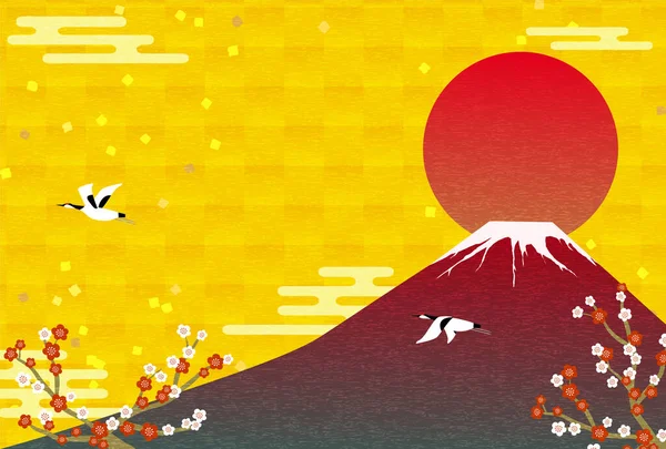2021 Karta Noworoczna Red Fuji Śliwka Żuraw — Wektor stockowy