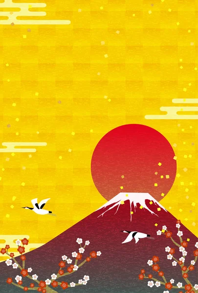 2021 Nyårskort Röd Fuji Plommon Och Kran — Stock vektor