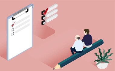 Kontrol listesinin önünde oturan iki adam izometrik