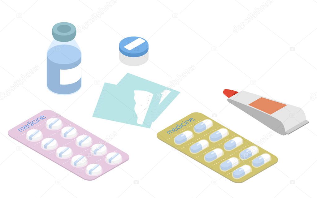 Illustration set of medicines such as tablets, capsules and ointments isometric