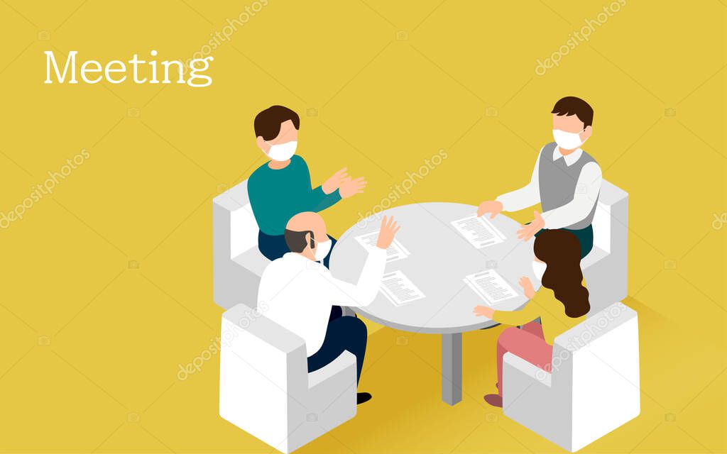 Illustration of people discussing across a round table isometric