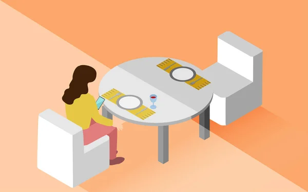 Woman Isometric Waiting Contacted Alone Restaurant — 스톡 벡터