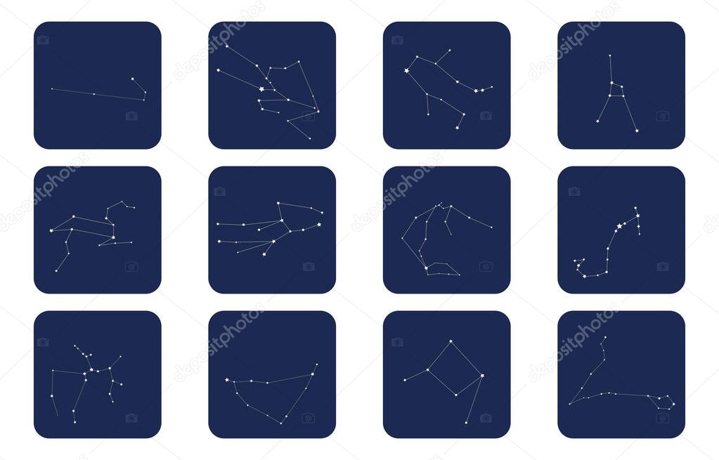 12 constellations icon set, vector illustration, blue