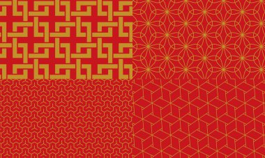 Altın ve kırmızı Japon desenli köşe bağlantısı, Rinju kenevir yaprağı, Bishamon kaplumbağa kabuğu, Ajiro kenevir yaprağı