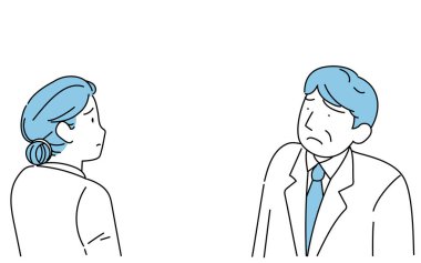 Başı bir kadınla yüz yüze gelmiş bir erkek doktor.