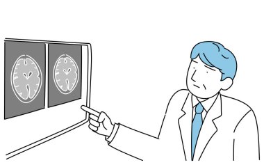 Bir erkek doktor beyin MR 'ının çektiği bir görüntüye işaret ediyor.