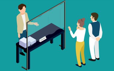 Bulaşıcı hastalıkları önlemek için şeffaf perdeleri olan resepsiyon izometriği