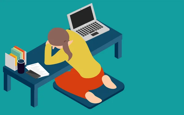 Una Mujer Que Acuesta Escritorio Toma Una Siesta Durante Teletrabajo — Archivo Imágenes Vectoriales