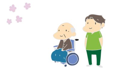 Bakım evi, yaşlı insanlar, kiraz çiçeği manzarası.