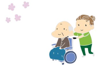 Bakım evi, yaşlı insanlar, kiraz çiçeği manzarası.