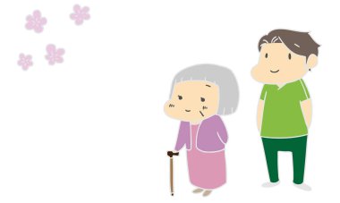 Bakım evi, yaşlı insanlar, kiraz çiçeği manzarası.