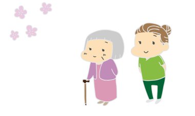 Bakım evi, yaşlı insanlar, kiraz çiçeği manzarası.