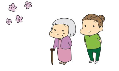 Büyükannem kiraz çiçeklerini seyrediyor ve Japon çizgi film stiline eşlik ediyor.