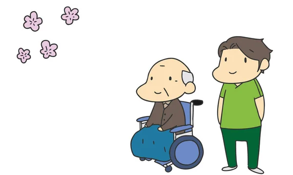 Avô Assistindo Flores Cereja Acompanhando Equipe Cuidados Estilo Cartoon Japonês —  Vetores de Stock