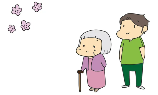 Abuela Viendo Flores Cerezo Acompañando Personal Cuidados Estilo Japonés Dibujos — Vector de stock