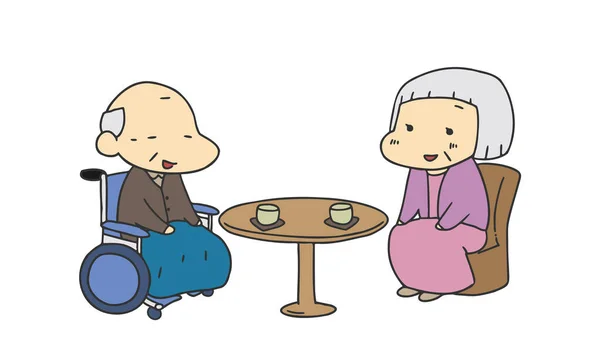 Grandfather Grandmother Having Tea Each Other Japanese Manga Style — Stock Vector