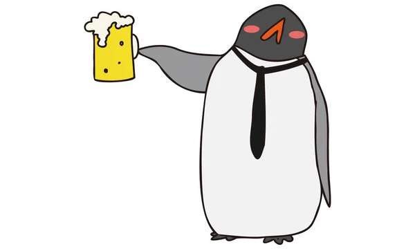 Illustratie Van Een Antropomorfe Pinguïn Kantoormedewerker Die Bier Drinkt — Stockvector