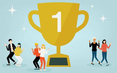 Kazanan kupa etrafında sevinen insanlar