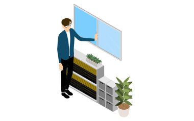 Isometric, havalandırma için pencereleri açan adam.