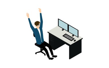 Isometric, tele-iş sırasında yorulup esneyen bir adam.