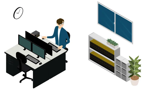 Personas Que Trabajan Horas Extras Hasta Medianoche Isométrica — Vector de stock