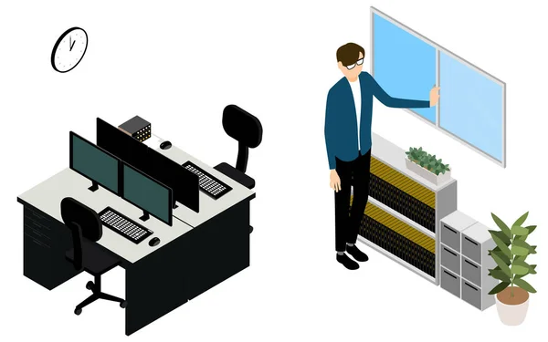 Isométrico Hombre Que Abre Ventanas Para Ventilación Oficina — Vector de stock