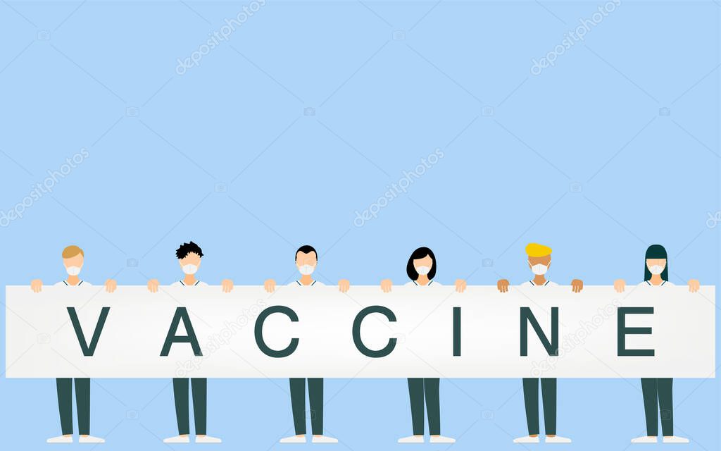 Healthcare professionals holding a board labeled VACCINE