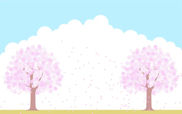 満開の桜と吹雪 青空と雲の背景 イラスト素材 — ストックベクタ