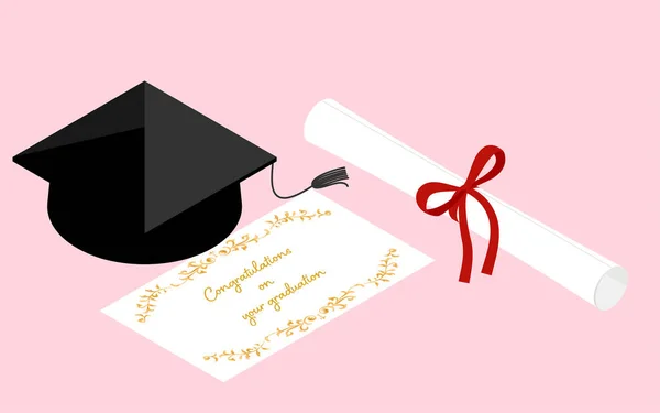 Imagen Graduación Mensaje Felicitación Diploma Sombrero Isométrico — Vector de stock