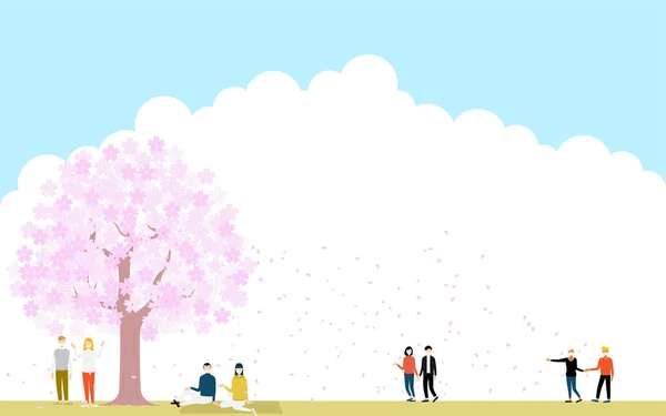 Multinational People Watching Cherry Blossoms Cherry Blossoms — Stock Vector