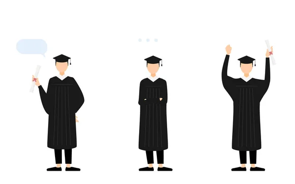 大学生毕业时的仪表板和礼服 3个姿势 — 图库矢量图片