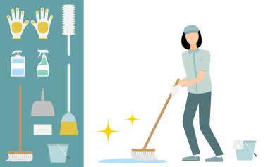 Temiz personelin ve temizlik malzemelerinin, tüm vücudun çizimi.