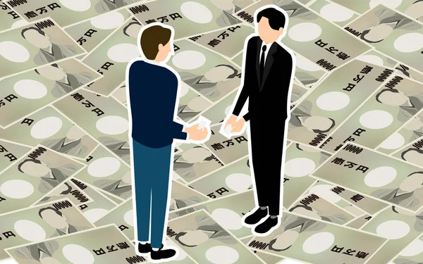 Isometric 000 Yen Lik Banknotlar Çıkardıktan Sonra Kartvizitleri Değiş Tokuş — Stok Vektör