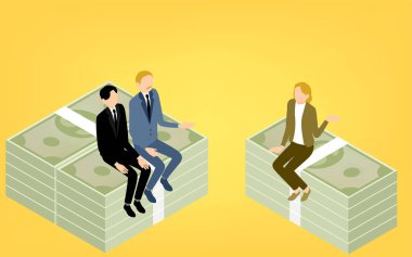 Üç kadın ve erkeğin para hakkında konuştuğu tasviri, izometrik