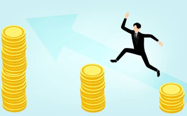 Altın sikkelerden altın sikkelere atlayan iş adamları, iş sahnelerinin görüntüleri, izometrik