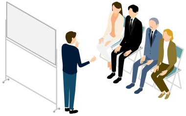 İş sahnesi, izometrik açıklamaları dinleyen erkek ve kadınlar,