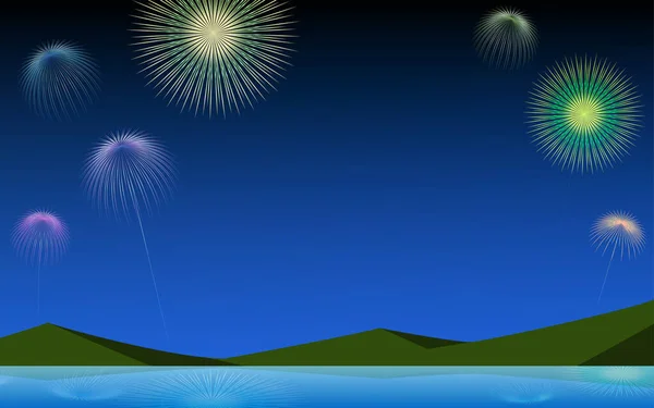 山や湖畔 夏の素材の花火のイメージ — ストックベクタ
