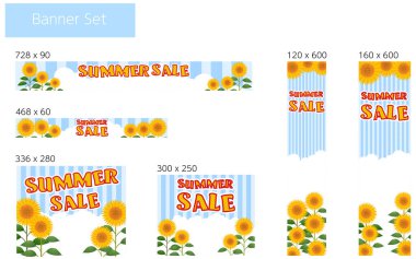Ayçiçeği tarlası, giriş bulutu, çizgili arka plan pankartı, yaz indirimi karakterleri, 6 tip