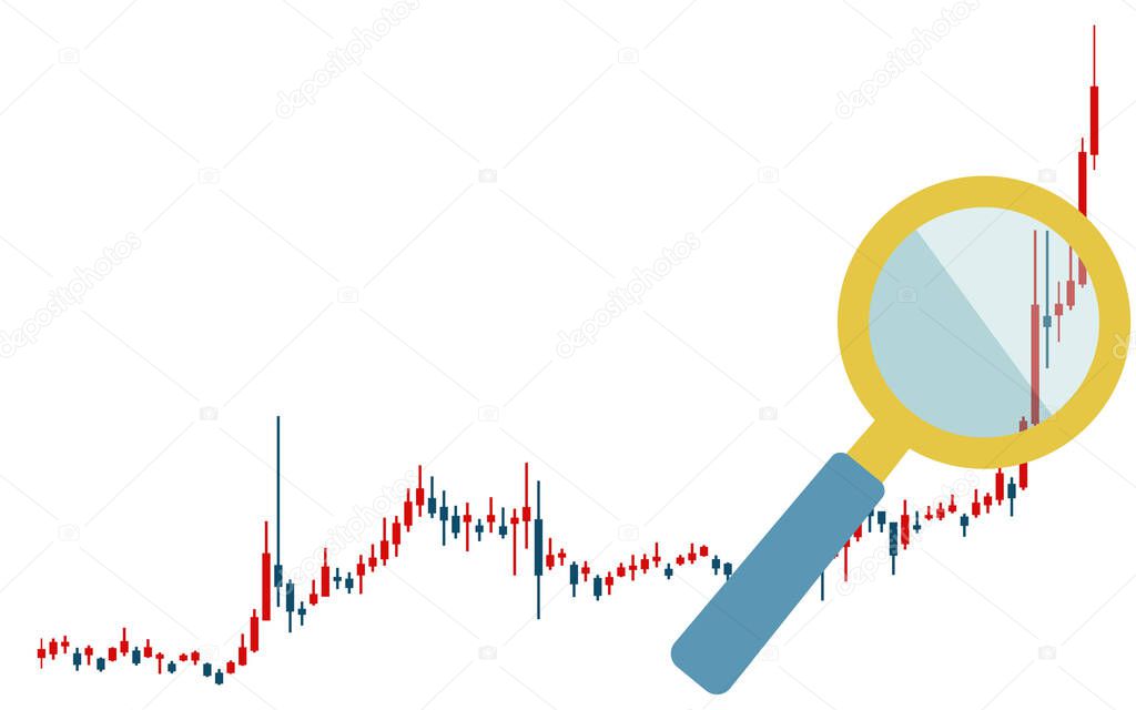 With candlestick chart, rise, magnifying glass used for stocks, FX and virtual currencies