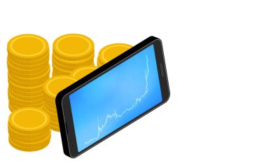 Sanal para birimi ve sanal para biriminin yükselen grafiğini gösteren akıllı telefon ekranı, izometrik