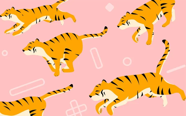 Eine Herde Tiger Läuft Durch Außer Sichtweite Pop Symbole Und — Stockvektor