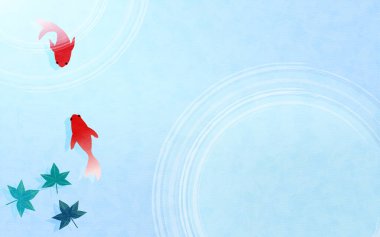 Japon balığı ve akçaağaç yaprağından oluşan yaz malzemesi, su armasının soluk arkaplanı ve Qinghai dalgası.