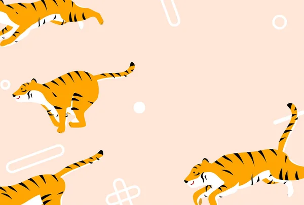 2022 Tarjeta Año Nuevo Año Del Tigre Cuatro Tigres Corriendo — Archivo Imágenes Vectoriales