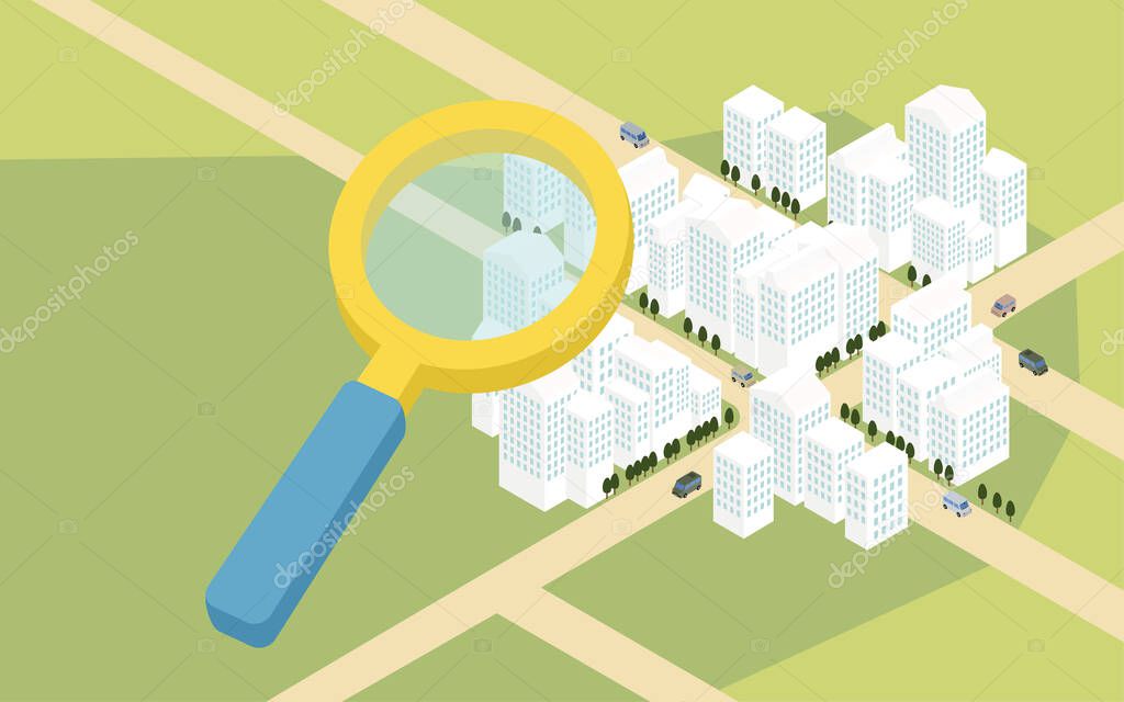 Image of property search, isometric illustration of building street from a bird's-eye view