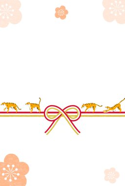 2022 yılbaşı kartı, kaplan yılı, dört kaplan ve erik çiçeği Mizuhiki 'de yürüyor. Çeviri:.