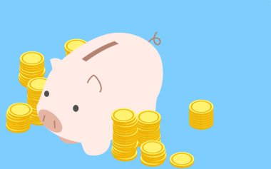 Tasarruf, domuz kumbarası ve istiflenmiş paralar, izometrik