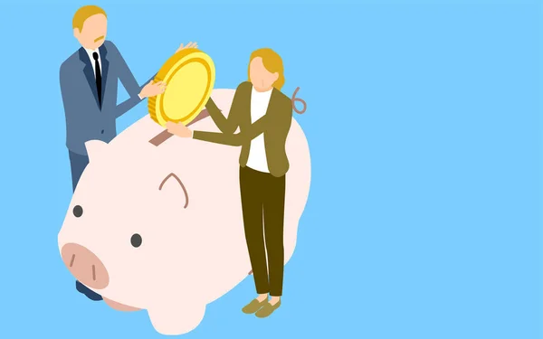 Image Savings Senior Men Women Putting Coins Piggy Banks Isometric — Stock Vector