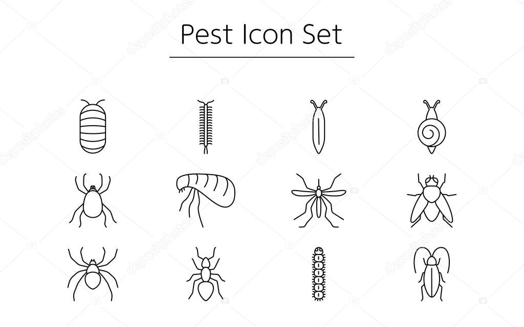 Simple icon set of unpleasant pests, cockroaches, mites, mosquitoes, flies, spiders, etc.