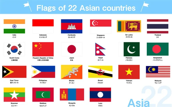 Conjunto de bandeiras de países asiáticos com acenando estilo de
