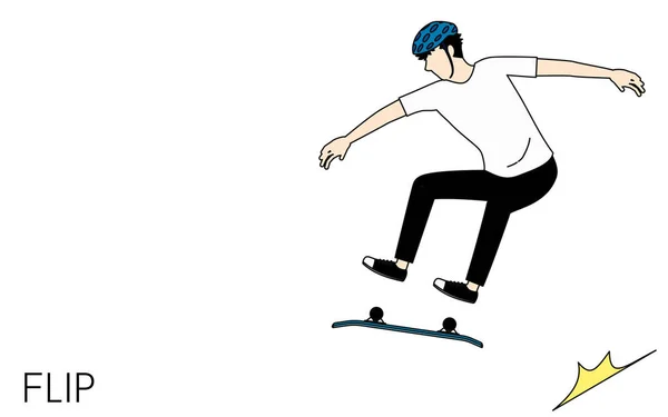 Skateboarding Flip Triky Muž Rotující Palubu Při Létání — Stockový vektor
